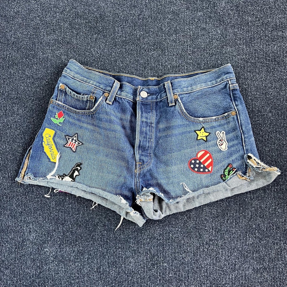 Levis Denim Shorts Womens‎ 31 Blue Cutoff Distressed Patch Embroidered Jeans